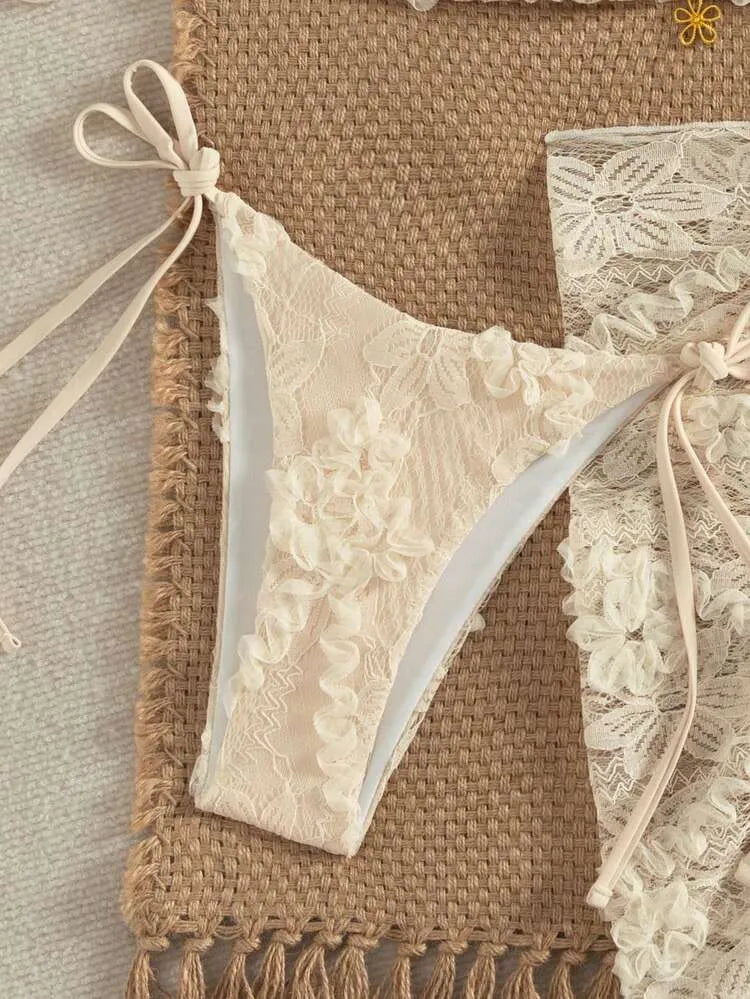 Beige Floral-Appliqué Bikini Set