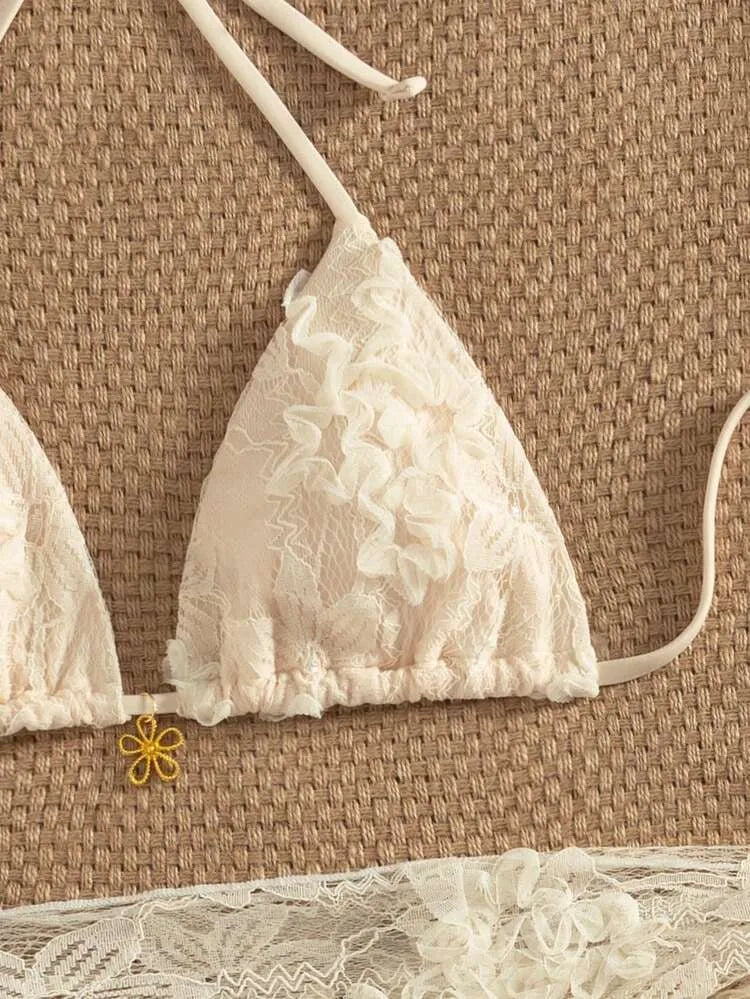 Beige Floral-Appliqué Bikini Set