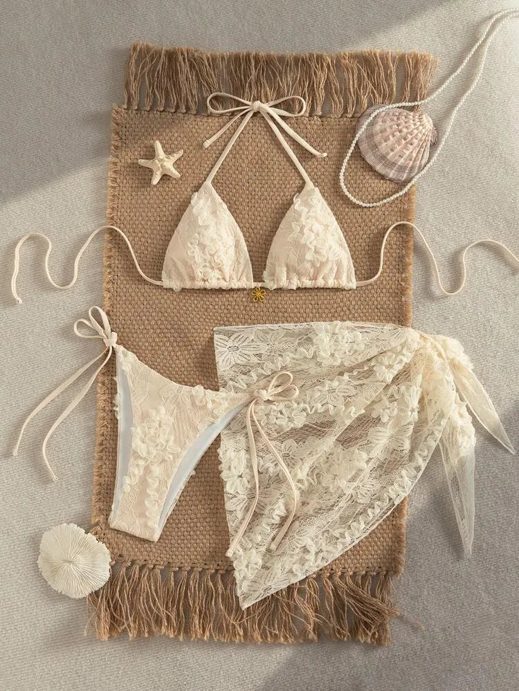 Beige Floral-Appliqué Bikini Set