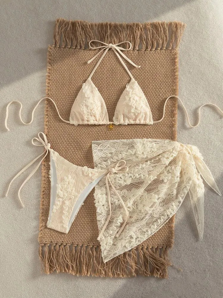Beige Floral-Appliqué Bikini Set