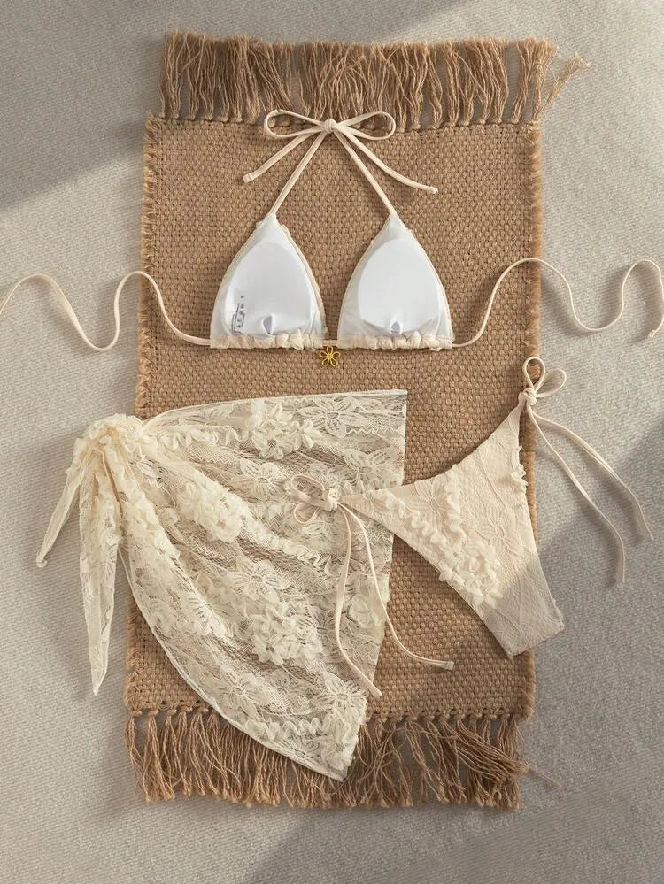 Beige Floral-Appliqué Bikini Set