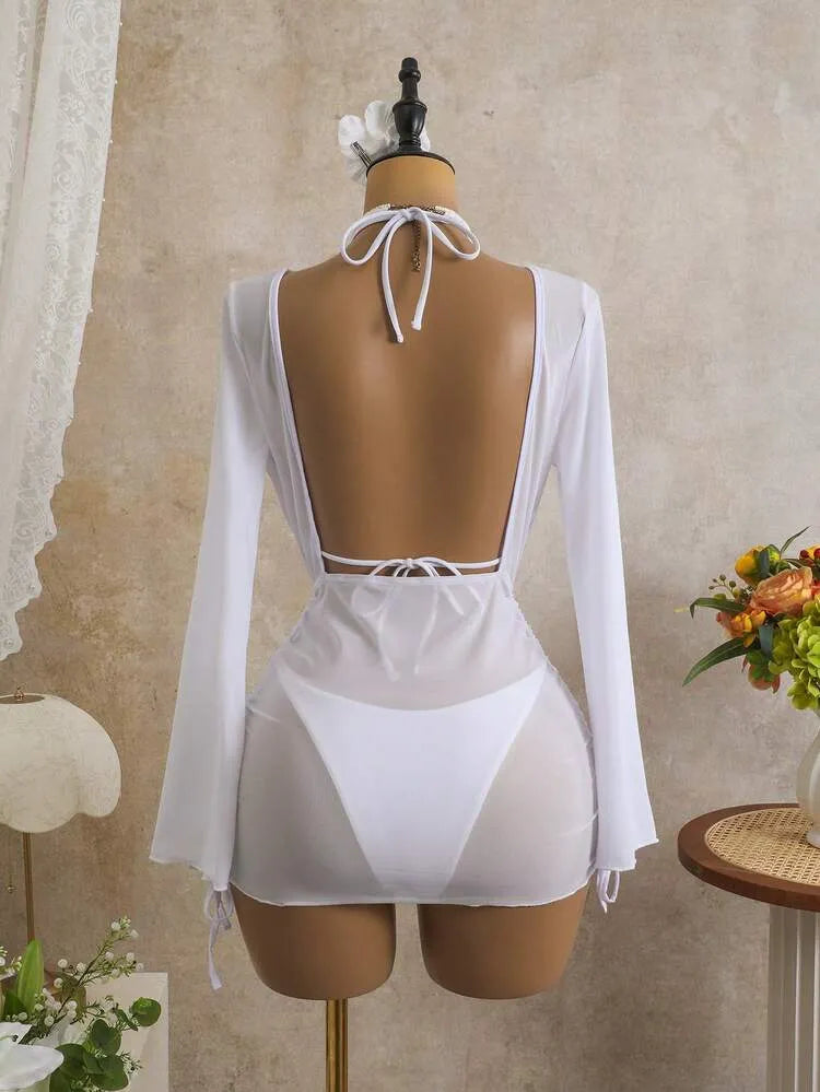 White Draped Sheer Beach Cover-Up Dress