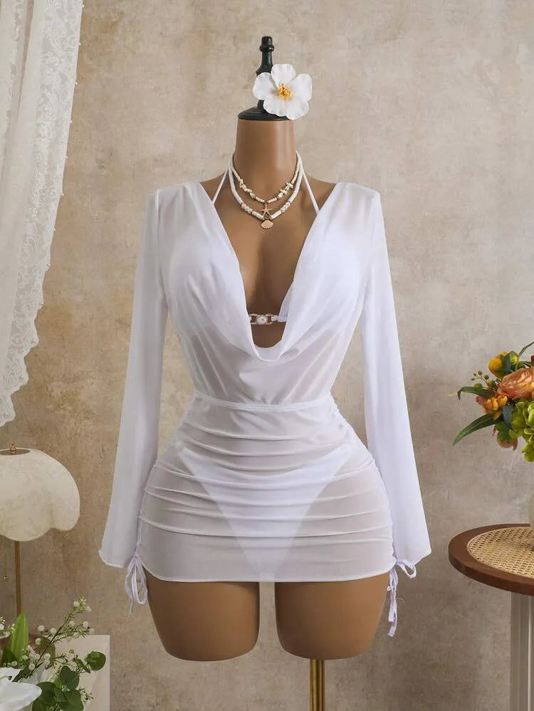 White Draped Sheer Beach Cover-Up Dress
