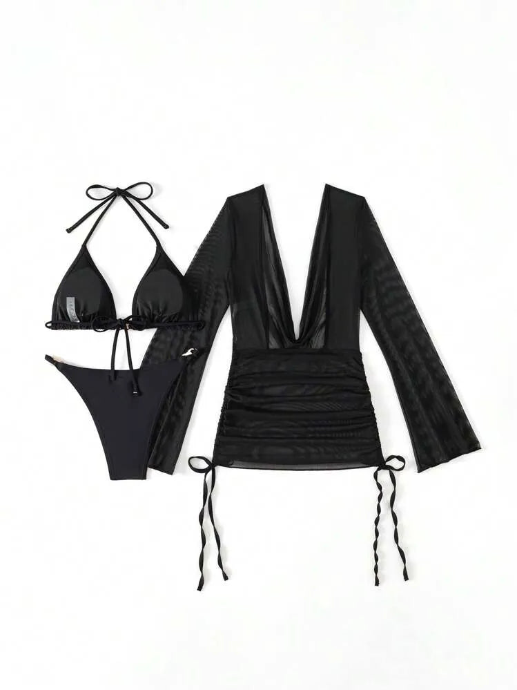 Black Open-Back Sheer Beach Set