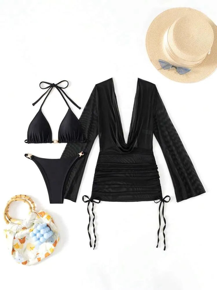 Black Open-Back Sheer Beach Set