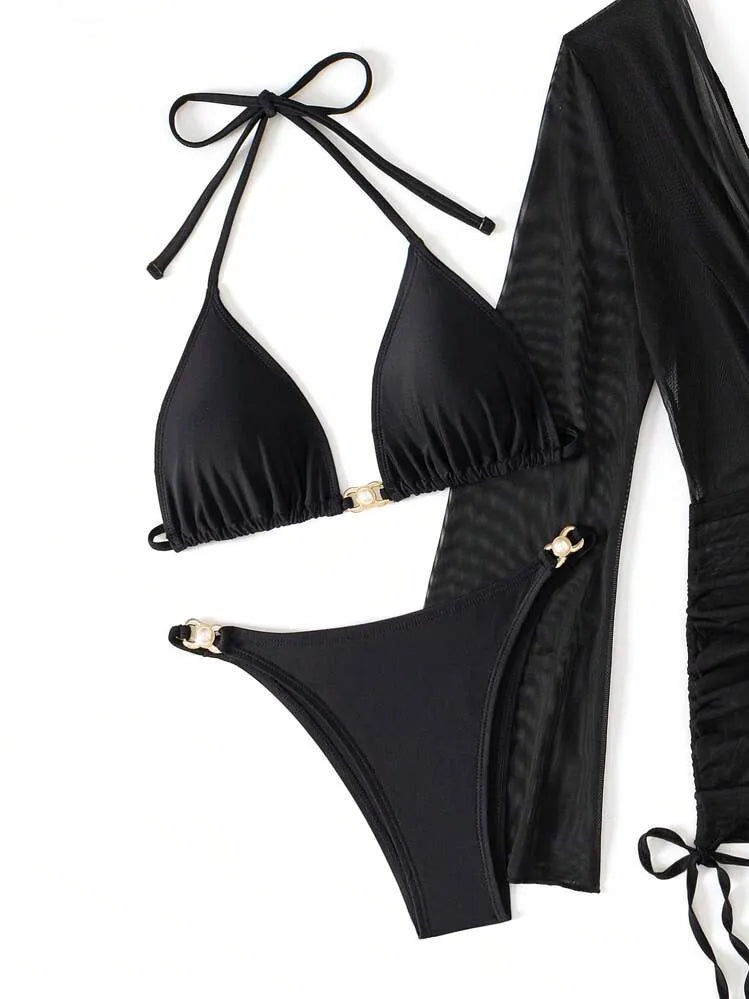 Black Open-Back Sheer Beach Set
