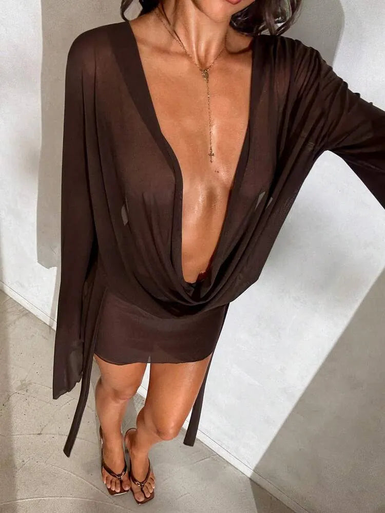 Brown Sheer Beach Cover-Up Dress