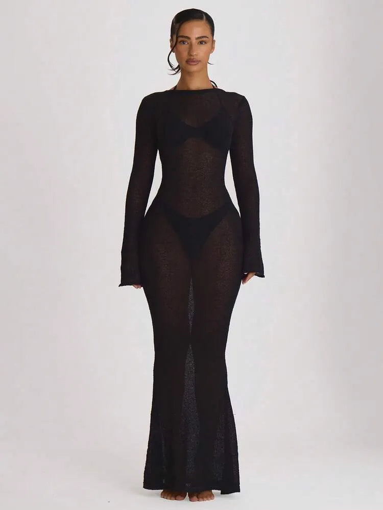 Black Long-Sleeve Sheer Beach Cover-Up Dress