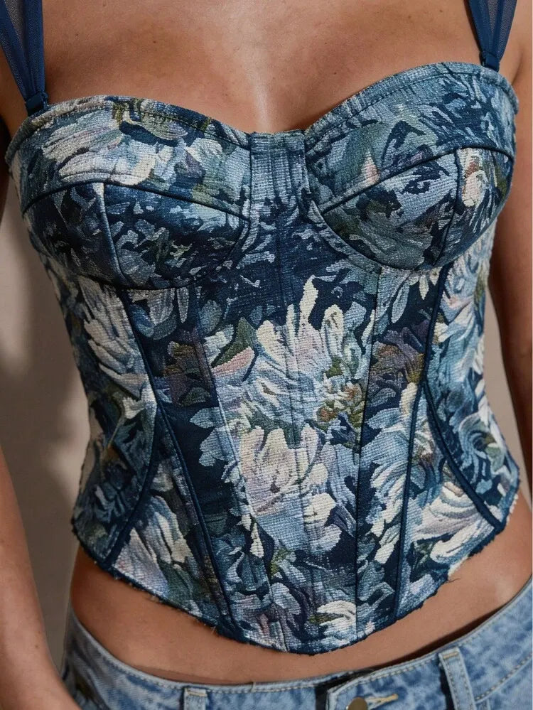 Blue Lace-Up Corset Blouse