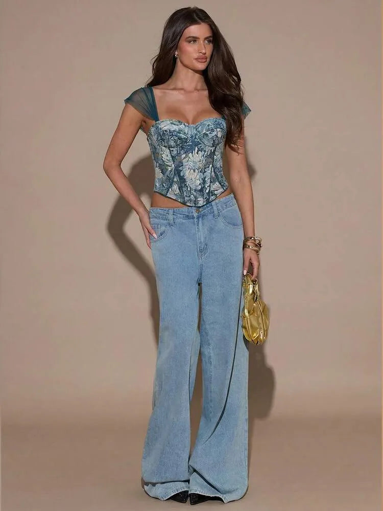 Blue Lace-Up Corset Blouse