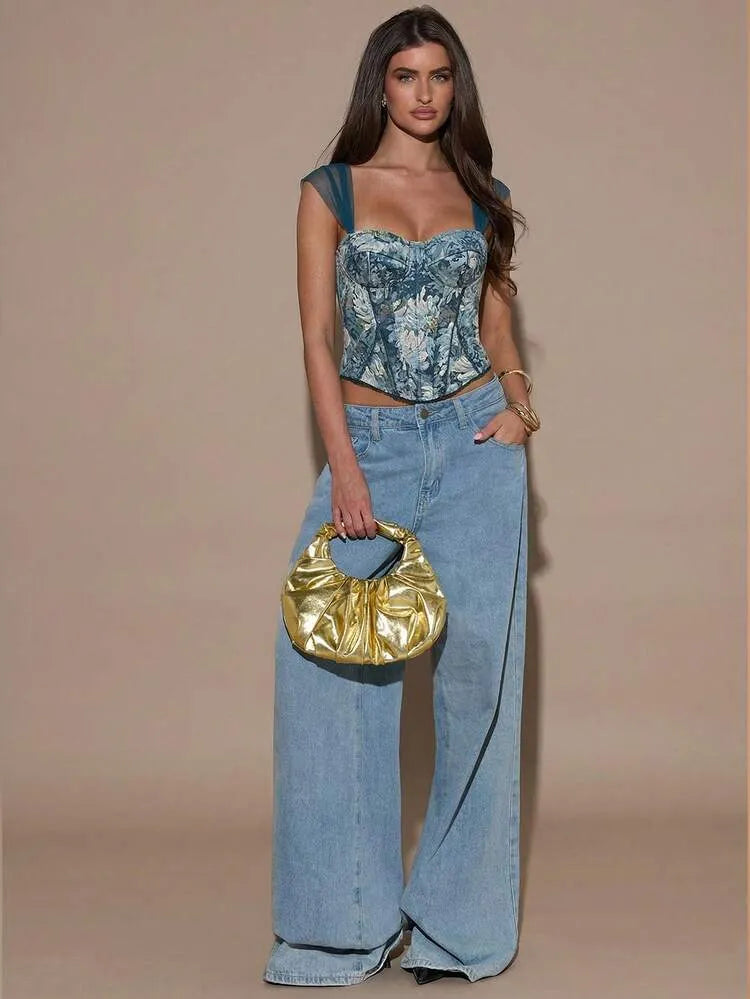 Blue Lace-Up Corset Blouse
