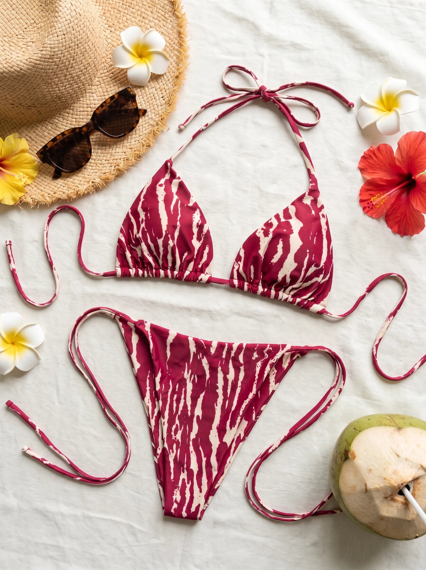 Fuşya Zebra Desenli Bağlamalı Bikini Takımı