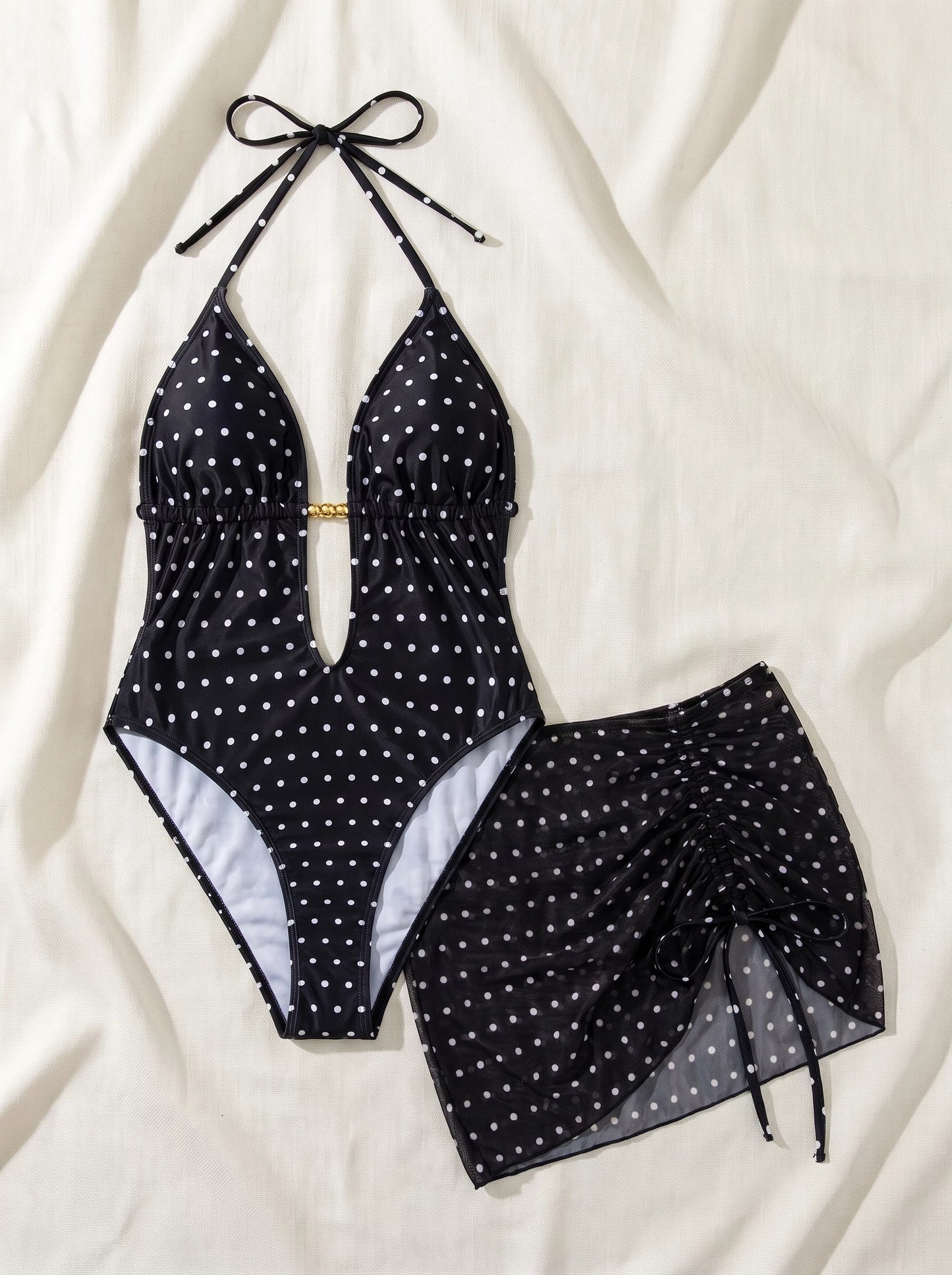 Polka Dot One-Piece Swimsuit & Sarong Set
