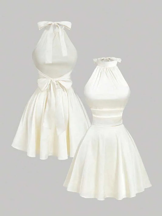 Beyaz Halter Yaka Mini Elbise