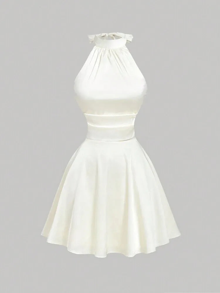 Beyaz Halter Yaka Mini Elbise