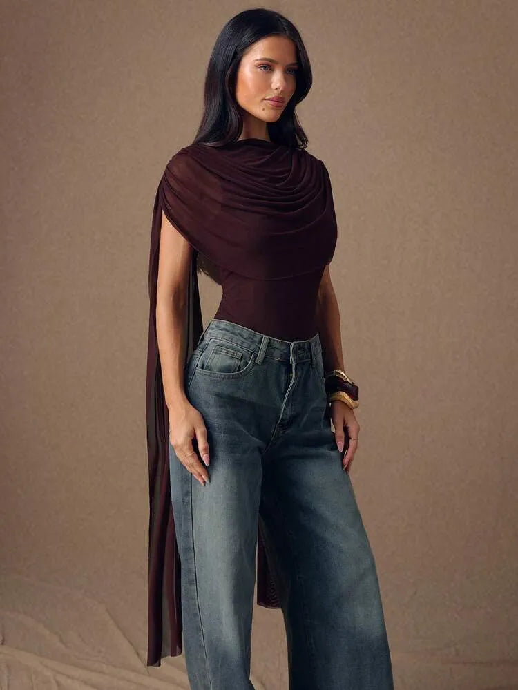 Brown Draped Bodysuit