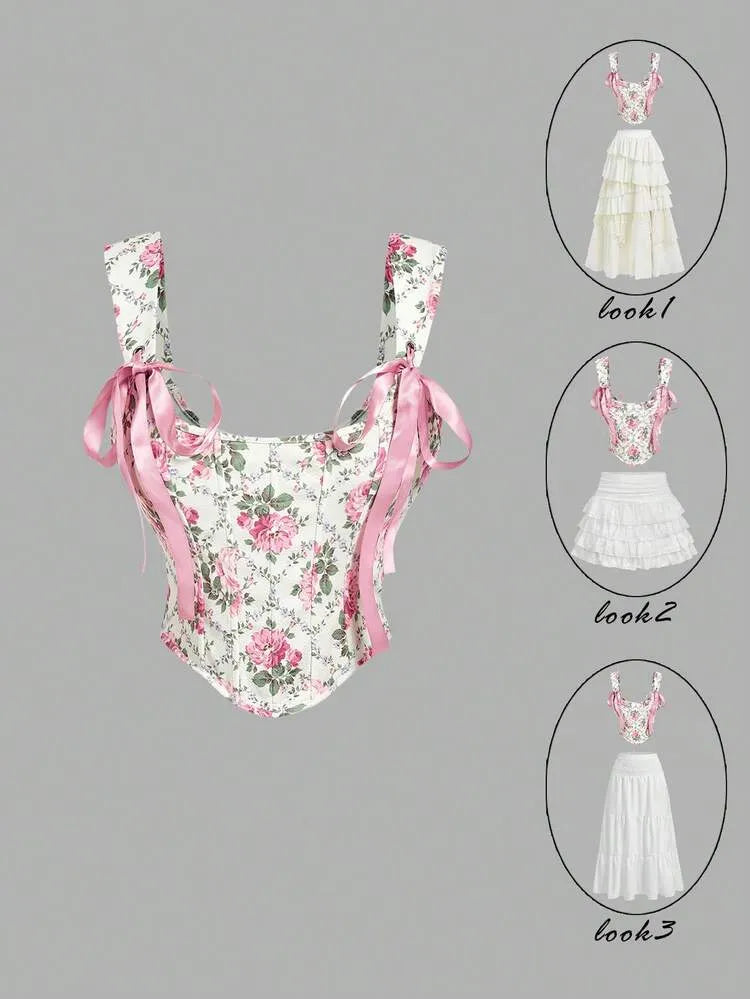 Çiçek Desenli Bağcıklı Crop Top