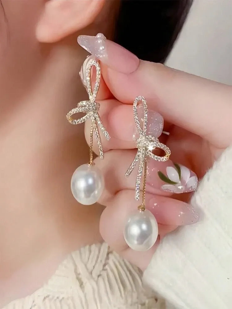 Pearl Bow Drop Earrings