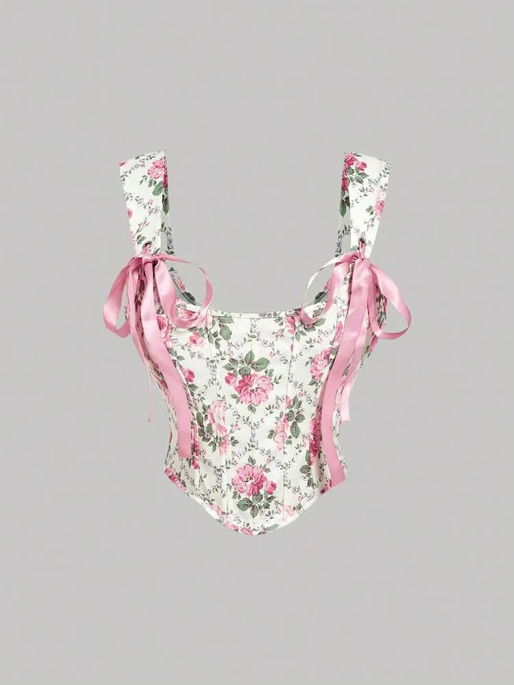 Çiçek Desenli Bağcıklı Crop Top