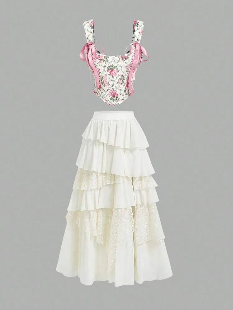Çiçek Desenli Bağcıklı Crop Top