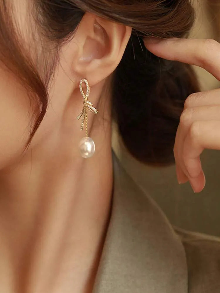 Pearl Bow Drop Earrings
