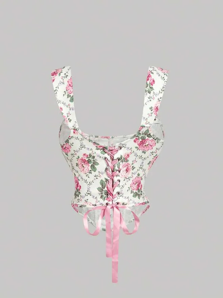 Çiçek Desenli Bağcıklı Crop Top