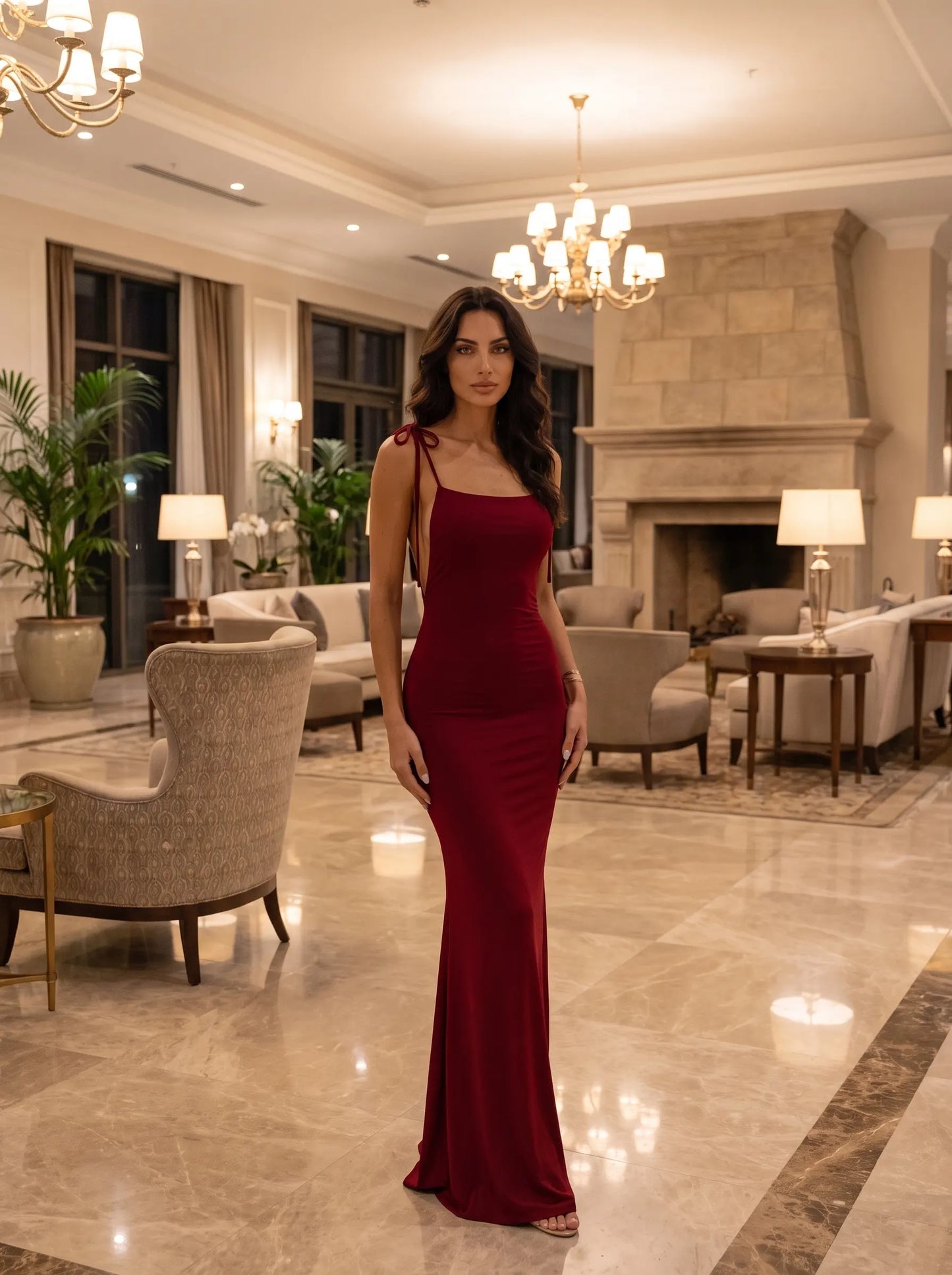 Bordo Askı Detaylı Uzun Abiye Elbise